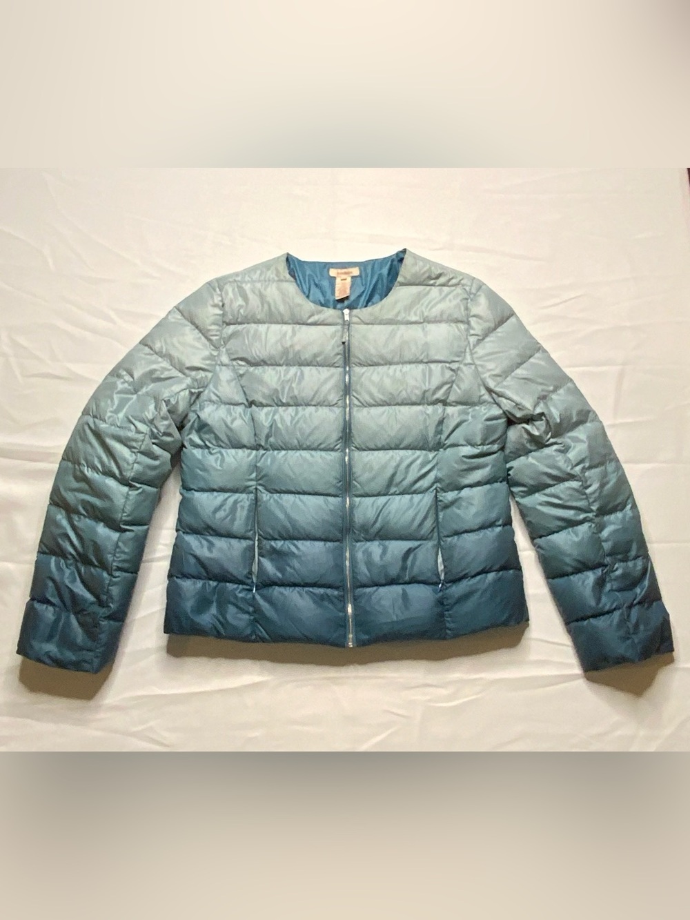 Sundance Blue Ombré Down Puffer Jacket Large Lightweight Quilted Zip Coat